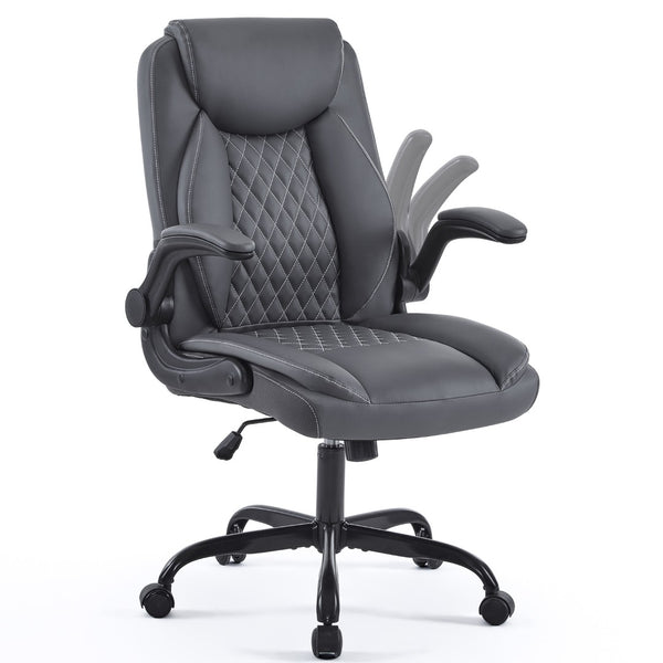 English Elm Leather Executive Desk Chair with Flip up Armrests Lumbar Support and Spring Cushion Grey T5339P459999