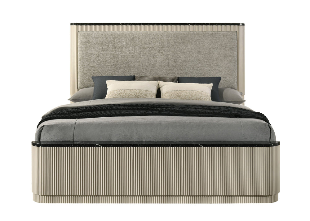 English Elm Travonte Queen Bed with Gray Linen Padded Headboard, Beige Marble Accents, Rubberwood Frame, 660lb Capacity B2726S00566