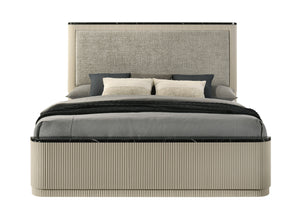 English Elm Travonte Queen Bed with Gray Linen Padded Headboard, Beige Marble Accents, Rubberwood Frame, 660lb Capacity B2726S00566