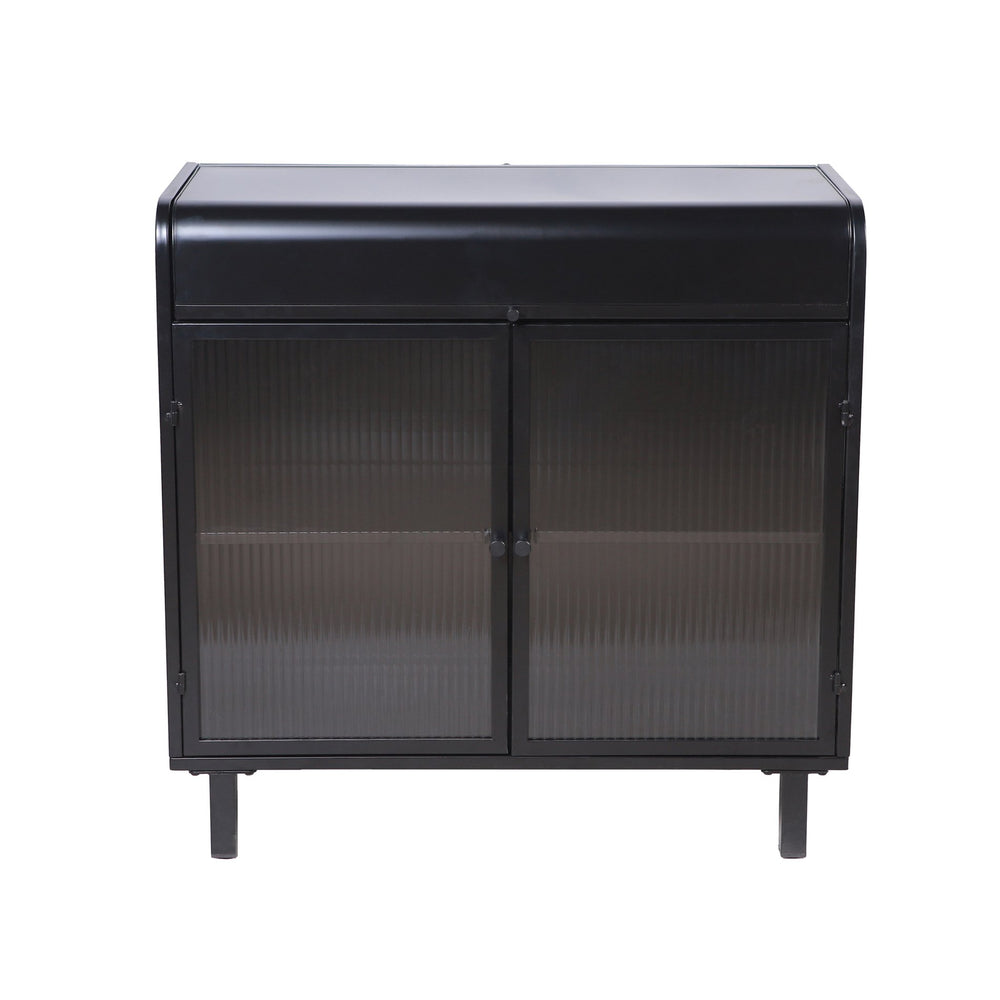 English Elm Modern Sideboard Buffet Cabinet Antique Black Steel Frame with Tempered Figured Glass Doors, Flip-Top Storage Console W3122P272901