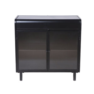 English Elm Modern Sideboard Buffet Cabinet Antique Black Steel Frame with Tempered Figured Glass Doors, Flip-Top Storage Console W3122P272901