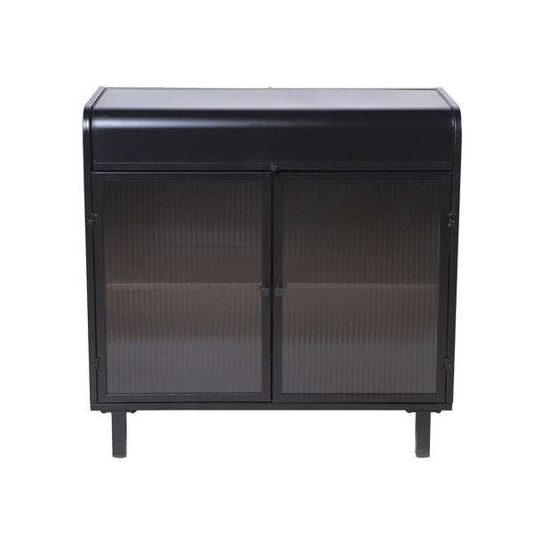 English Elm Modern Sideboard Buffet Cabinet Antique Black Steel Frame with Tempered Figured Glass Doors, Flip-Top Storage Console W3122P272901