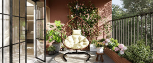 English Elm U_style Wicker Hanging Egg Chair with Stand Foldable Indoor Outdoor Swing Seat Brown+Beige N711P389502K