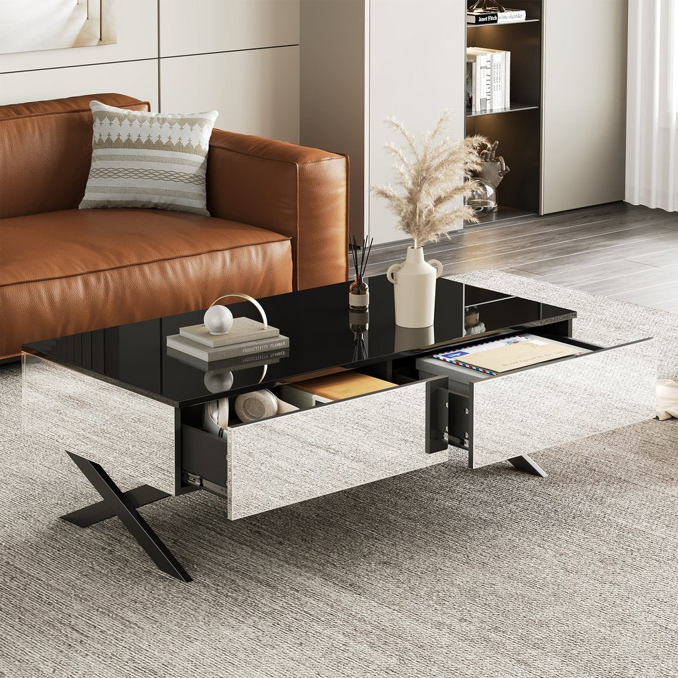 English Elm Rectangular Mirrored Coffee Table 47.3″ with Black High-Gloss Top, Metal Base & 2 Drawers Storage N735P350387B