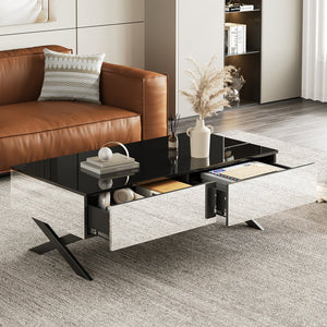 English Elm Rectangular Mirrored Coffee Table 47.3″ with Black High-Gloss Top, Metal Base & 2 Drawers Storage N735P350387B