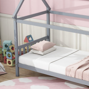 English Elm Twin House Shaped Kids Bed Solid Rubberwood Platform Frame with Storybook Silhouette W504P363901