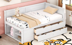 English Elm Twin Daybed with Two Pull Out Drawers and Open Shelves for Small Bedroom Storage White LP102022AAK