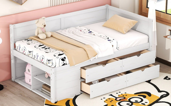 English Elm Twin Daybed with Two Pull Out Drawers and Open Shelves for Small Bedroom Storage White LP102022AAK