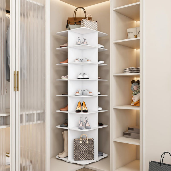 English Elm Rotating Shoe Rack Tower - 7-Tier 360° Spinning Organizer For 28 Pairs, Space-Saving Design In White W2699P270167-GIGA
