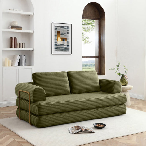 English Elm Convertible Floor Sofa Futon with Corduroy Upholstery for Living Room Lounging and Sleeping Green W1117P434729