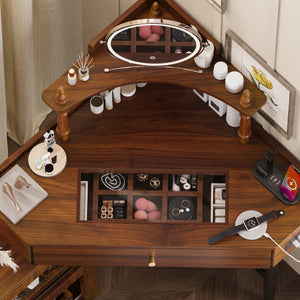 English Elm Corner Vanity Desk Set with Stool Charging Station Glass Top Pull-Out Cabinet Jewelry Organizer Walnut 35.82 L x 32 W x 8 H N733P336237D