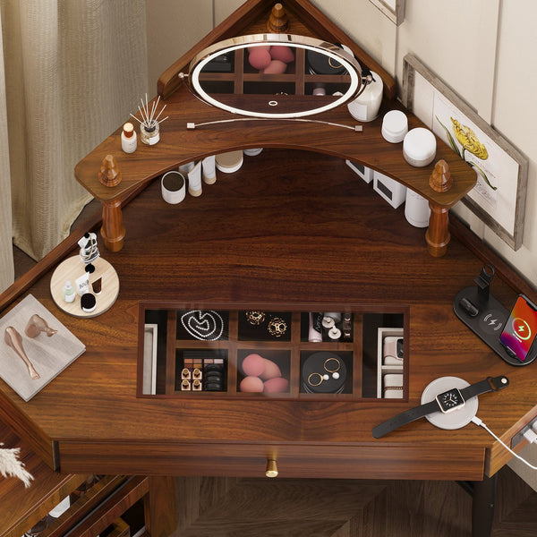 English Elm Corner Vanity Desk Set with Stool Charging Station Glass Top Pull-Out Cabinet Jewelry Organizer Walnut 35.82 L x 32 W x 8 H N733P336237D