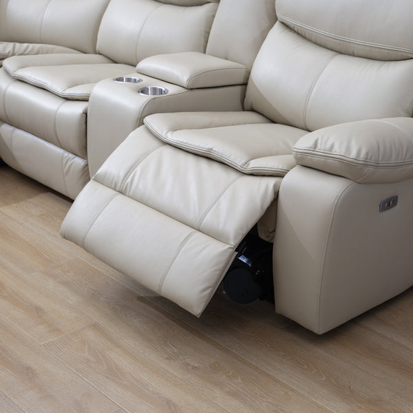 English Elm L Leather Power Reclining Sectional Sofa with USB Ports, Storage Console, Breathable Seating for 5 Cream W791S00016