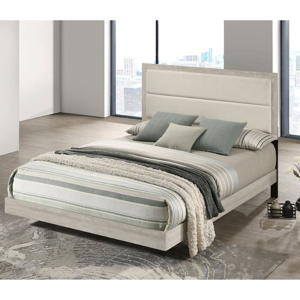 English Elm Strout Queen Panel Bed Bouclé Headboard Whitewashed Veneer Floating Rustic Frame B062S01771