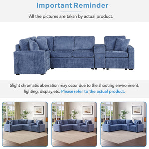 English Elm 120.5" L-shaped Convertible Sofa Bed Modular Sectional with Pull-Out Sleeper, Chenille, Storage, Cup Holders Blue N719S001940C