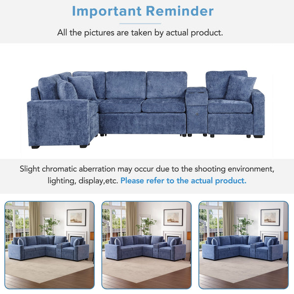 English Elm 120.5" L-shaped Convertible Sofa Bed Modular Sectional with Pull-Out Sleeper, Chenille, Storage, Cup Holders Blue N719S001940C