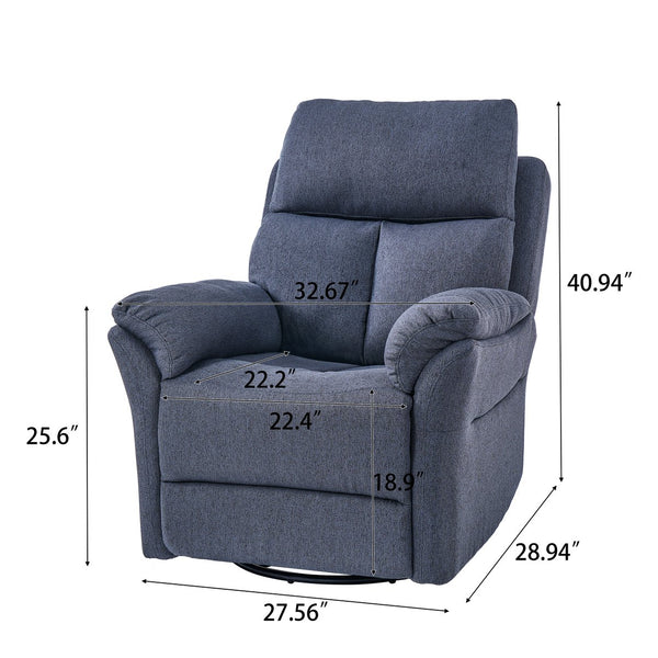 English Elm Manual Swivel Rocking Recliner Dark Blue Linen — 360° Glider, Adjustable Back & Leg Support Comfort W2121P371019