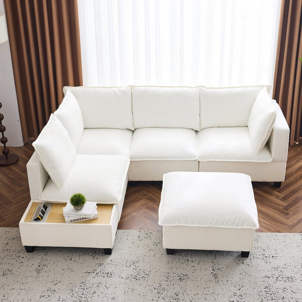 English Elm 90" U-shaped Sectional Sofa Modular Couch with Movable Ottoman, Hidden Charging Coffee Table, Durable Comfort White N719S001780K