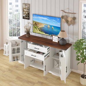 English Elm 63" Fluted Mdf Sideboard with Wood Tone Top Four Doors Three Drawers Dining Storage White W2917S00013