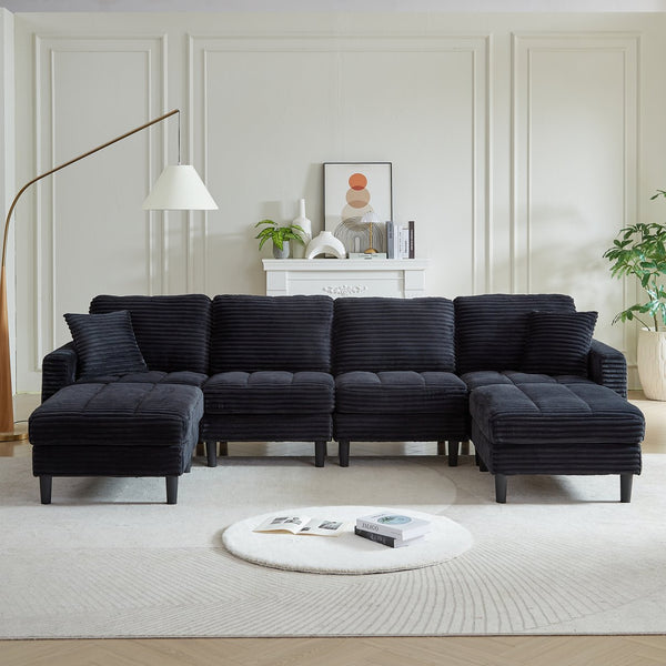 English Elm 122.5-Inch Oversized U-Shaped Modular Sofa Corduroy Sectional with Double Chaise, Ottoman, Pillows and Plastic Legs Black W1193S00121