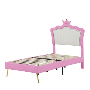 English Elm Twin Size Upholstered Bed Frame With Crown Headboard & Led Lights - Modern Pink & White Princess Style W2770P190377-GIGA