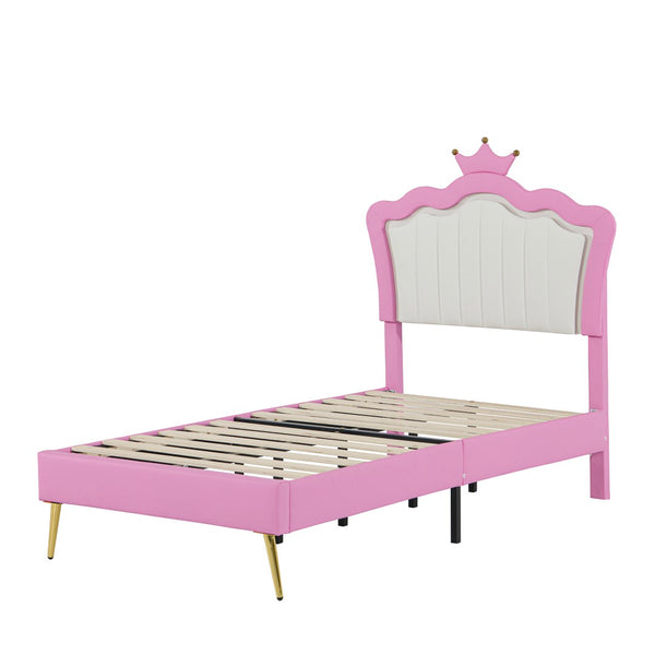 English Elm Twin Size Upholstered Bed Frame With Crown Headboard & Led Lights - Modern Pink & White Princess Style W2770P190377-GIGA