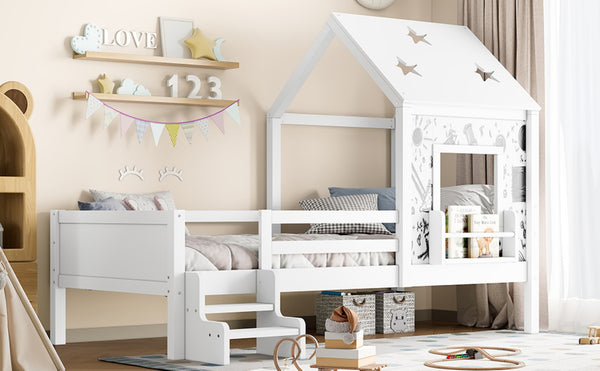English Elm Full Bunk Bed with Trundle Bookshelf Storage Pine Frame Car Design for Kids Light White W1580S00293
