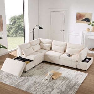 English Elm [video]107'' Chenille Sleeper Sectional with Usb Charging Storage Ottoman and Adjustable Armrest Beige N723S8782A