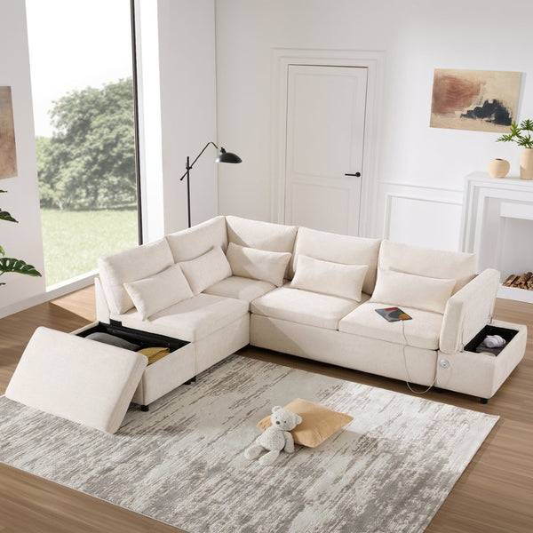 English Elm [video]107'' Chenille Sleeper Sectional with Usb Charging Storage Ottoman and Adjustable Armrest Beige N723S8782A