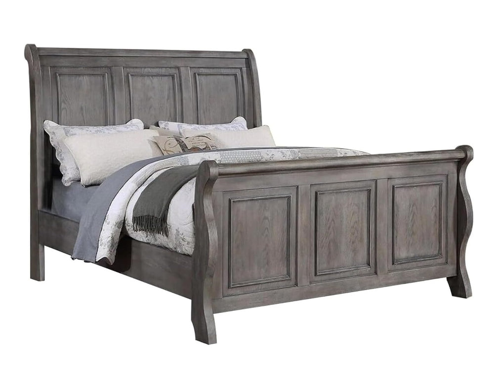 English Elm Grey Sleigh Design Queen Bed with 3-Panel Headboard in Antique Gray Oak Finish — Transitional Barn Style Bedroom B011S01396