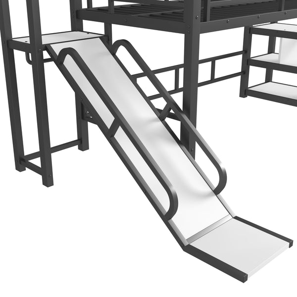 English Elm Twin House Loft Bed with Slide and Stairs, Metal Playhouse with Storage Shelves and Quiet Design Black W1580S00348