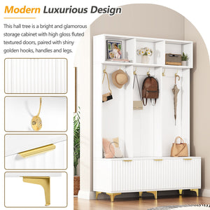 English Elm ON-TREND Modern Hall Tree with Bench and Shoe Storage, High Gloss Fluted Doors, Gold Accents, 75"H White+Gold N721P180460K