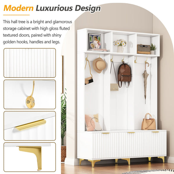 English Elm ON-TREND Modern Hall Tree with Bench and Shoe Storage, High Gloss Fluted Doors, Gold Accents, 75"H White+Gold N721P180460K