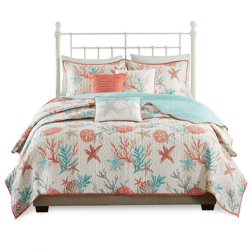 English Elm 6 Pebble Beach Cotton Sateen Quilt Set Full/Queen with Embroidered Coastal Pillows, OEKO‑TEX Certified Coral 22.83 L x 18.11 W x 12.2 H B03597452