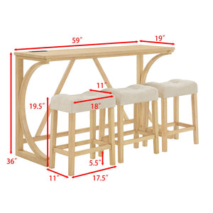 English Elm 59 Inch Bar Table Set with Power Outlet Rubberwood Frame and 3 Linen Stools Light Oak W2972P385256