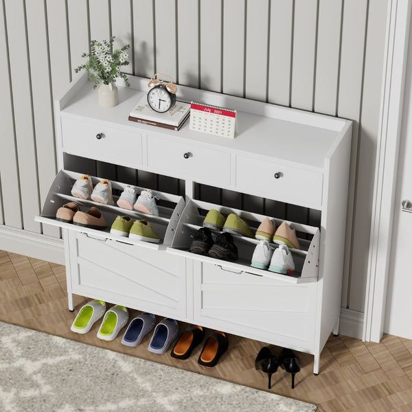 English Elm Metal Powder Coated Steel Shoe Cabinet Slim Entryway Organizer with Seven Drawers White T2398P413026