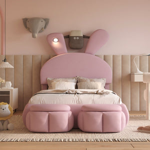 English Elm Twin Upholstered Platform Bed with Cute Cartoon Ears Headboard, LED Light, Adjustable Height, Pink WF321677AAH