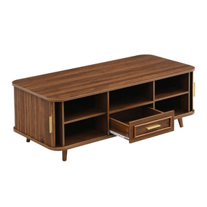 English Elm Modern Mid-century Coffee Table Tambour Doors Open Shelves Warm Wood Living Room Walnut N770P333551W