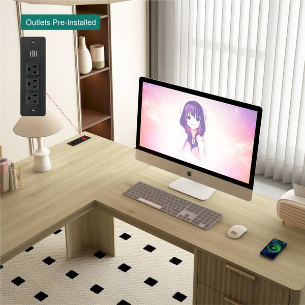 English Elm L Shaped Corner Desk with Storage Cabinet and Built in Charging Station for Home Office W1321S00038