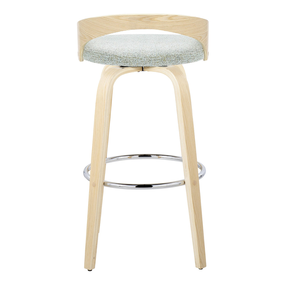 English Elm Grotto 30" Contemporary Swivel Barstools Set of 2 in Light Green Fabric with Natural Wood Legs, Chrome Footrest B202S00591