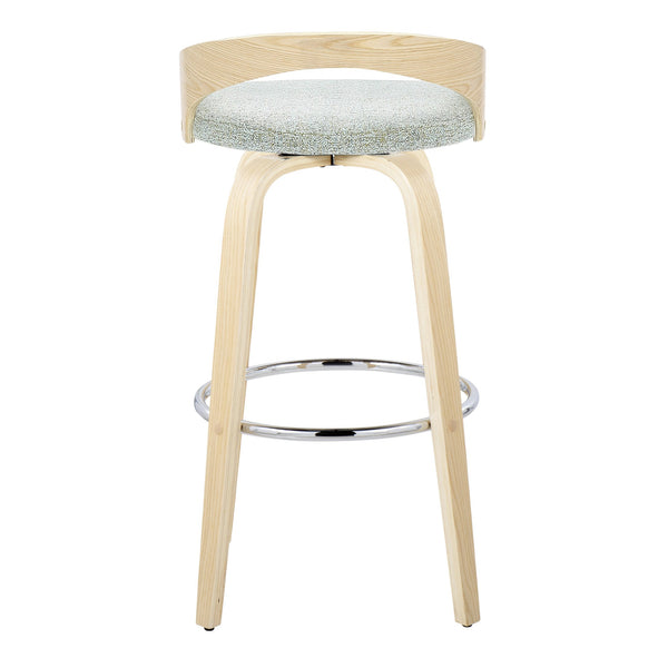 English Elm Grotto 30" Contemporary Swivel Barstools Set of 2 in Light Green Fabric with Natural Wood Legs, Chrome Footrest B202S00591