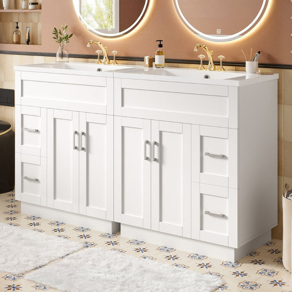 English Elm [video] 60 Inch Dual Sink Bathroom Vanity Mdf Cabinet Soft Close Doors Resin N729P000018K