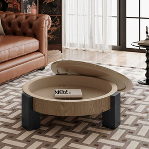 English Elm 33'' Round Coffee Table Parquet Veneer Flip Top Hidden Storage Wabi-sabi Living Room Matte Black,Natural Wood W1435P419318