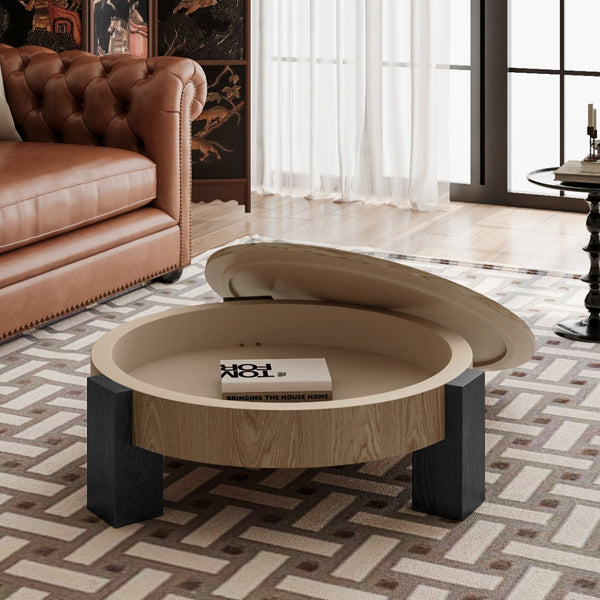 English Elm 33'' Round Coffee Table Parquet Veneer Flip Top Hidden Storage Wabi-sabi Living Room Matte Black,Natural Wood W1435P419318
