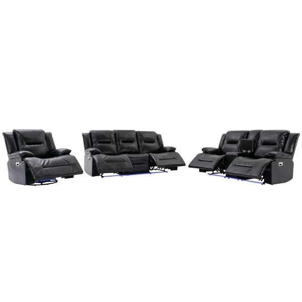 English Elm Home Theater Recliner Set with LED Accent Lighting, Dual Cup Holders, Gel Leather Comfort Seating Black SG001470AAB