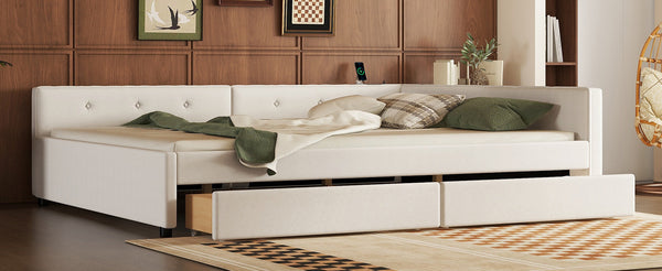 English Elm Queen Upholstered Platform Bed with Linen, 2 Storage Drawers & USB Ports, Beige, Sturdy 600lb Capacity DL000586AAA