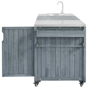 English Elm K&k Solid Fir Outdoor Kitchen Island with Sink Stainless Steel Top and Grill Cutout Grey+Blue N707S000022G
