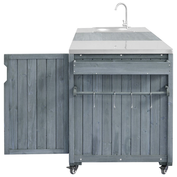 English Elm K&k Solid Fir Outdoor Kitchen Island with Sink Stainless Steel Top and Grill Cutout Grey+Blue N707S000022G