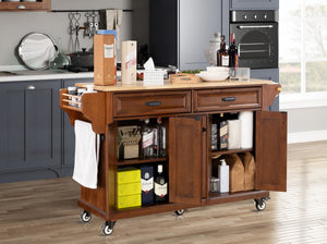 English Elm Kitchen Island Rubber Wood Countertop Mobile Cart with Towel & Spice Racks, Drawers, Storage Wheels Mahogany W914P147992