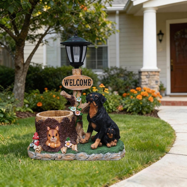 English Elm Rottweiler Mother and Puppy Sculptural Garden Planter Weatherproof Outdoor Accent W5398P464249